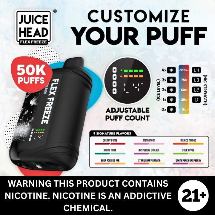 Juice Head Flex Freeze 50K Disposable Nicotine Vape 5% The Vapor Studio Austin Texas Juice Head Flex Freeze 50K Disposable Nicotine Vape 5% The Vapor Studio Austin Texas