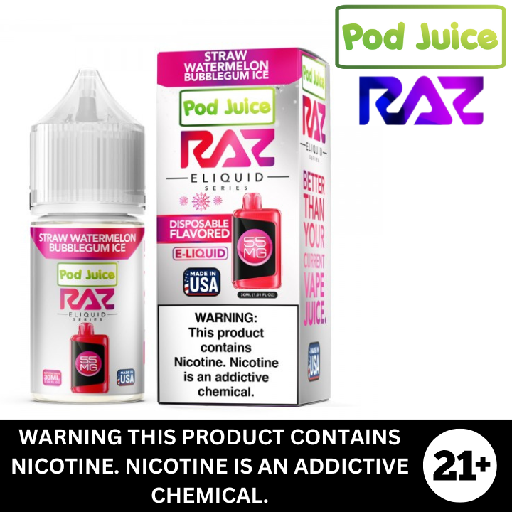 Straw Watermelon Bubblegum ICE by Pod Juice Raz Salt Nicotine E-Liquid 30ml